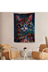 Renkli Karizmatik Kedi Dekoratif Duvar Örtüsü - Halısı-6225