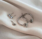 Küpe 3 lü Set Kararmaz Çelik 316L Lüks Küpe Renk Gri Taşlı Küpe  