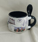 Bardak Kupa Seramik Kulplu Kaşıklı 100 ml Yöresel Meşrubat Su Kahve Bardağı Antalya Görselli