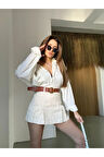 Kadın Krem Piliseli  Mini Şortlu Etek