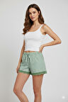 Çizgili Penye Kadın Ev Şortu Bacak Dantel Detaylı Ev Giyim Yeşil