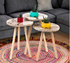 3lü mermer desenli zigon sehpa yan sehpa ahşap ayaklı