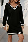 buğrahayalin Kadın Uzun Kollu V Yakalı şerit Detaylı Kısa Viskon Iki Iplik Elbise