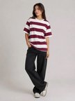 buğrahayalin Çizgili Oversize Tişört Bisiklet Yaka Kısa Kol Yazlık T-Shirt - Bordo