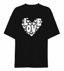 buğrahayalin 14 Şubat Sevgililer Günü Love Kalp Baskılı Oversize Bisiklet Yaka T-shirt - Siyah