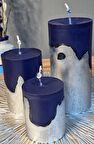gümüş detaylı lacivert 3 lü beton mum set