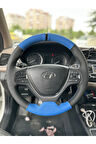 Hyundai i20 Araca Özel Direksiyon Kılıfı (Nokta Mavi Deri Siyah Yüzüklü)