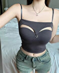 Chole İthal Pamuklu Göğsü Cut-Out Halka Detaylı İnce Askılı Büstiyer/Crop