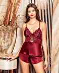 Bordo Önden Bağlamalı Dantel Detaylı Saten Şort Büstiyer Takım - 4017