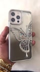  İphone 13 Pro Max uyumlu Kelebek Figürlü Sulu ve İçi Simli Şeffaf Slikon Telefon Kılıfı