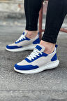 J063 Bağcıklı Ortopedik Taban Triko Erkek Sneaker Günlük Spor Ayakkabı BT Krem/Mavi