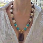 Kaplangözü, İnci ve Turkuaz Taş Kolye, Tasarım Doğal Taş Kolye, Mavi Kahverengi Taşlı Kolye, Kadın Hediye Fikirleri