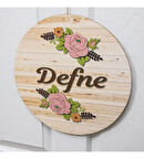 Meşgalem Pembe Güllü Ahşap Desen Temalı Kişiye Özel Kapı Süsü