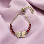 Kelebek Motifli 14 Ayar Altın Plakalı ve Özel Kırmızı Taşlı Sevimli Kedi Bilekliği