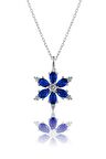 925 ayar Gümüş Zincirli Mavi taşlı Rodyum kaplama Lotus Kamelya Çiçeği kolye