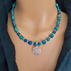 Mavi Yeşil Ceyt Yaşam Çiceği Doğal Taş Kolye