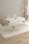 Mazaka Beyaz Mermer 80x132 Açılabilir Mdf Masa Yemek Odası Takımı, Mutfak Takımı 4 Sandalye 1 Bench