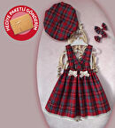 Kız Bebek & Çocuk Kırmızı Ekoseli Salopet Elbise & Şapka & Toka Takım