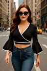 Kadın Kruvaze Kolları Fırfırlı Crop Bluz