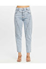 Kadın Açık Mavi Ön Conta Parcalı Mom Jeans Pantolon