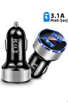 Çakmaklık Oto Araç Hızlı Şarj Aleti 3.1a Usb Çift Girişli Siyah Led Ekranlı