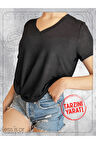 Siyah Renk Triko V Yaka Kısa Kollu Basic Tshirt