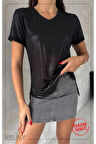 Siyah Renk Parlak V Yaka Kısa Kollu Basic Tshirt