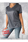 Koyu Gri / Antrasit Renk Parlak V Yaka Kısa Kollu Basic Tshirt