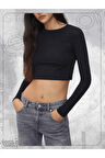 Bisiklet Yaka Siyah Crop Top Kısa Uzun Kollu Tshirt
