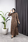 Kadın Fermuarlı Çıtır Leopar Desenli Belden Oturaklı Viskon Tesettür Elbise