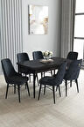 Loft Siyah Mermer 80x132 Açılabilir Mdf Masa Yemek Odası Takımı, Mutfak Takımı 6 Sandalye