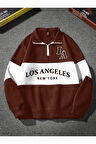 Unisex Los Angeles Baskılı Oversize Parçalı Polo Yaka Fermuarlı Sweatshirt