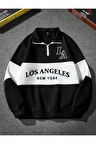 Unisex Los Angeles Baskılı Oversize Parçalı Polo Yaka Fermuarlı Sweatshirt