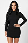 Kadın Siyah Kaşkorse Balıkçı Yaka Uzun Kollu Bodycon Mini Elbise