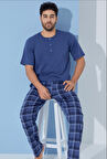 Erkek Bisiklet Yaka 3 Düğmeli Desenli Modal Kısa Kol Cepli Pijama Takımı
