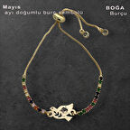 Doğanın en güzel zamanını yansıtan, Şık Kuş Motifli, 14 Ayar Altın Plakalı ve Işıltılı Renkli Taşlı Mayıs Bilekliği