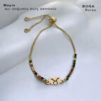 Çiçekler ve doğanın uyanışı, Kalp Figürlü ve Renkli Taşlı 14 Ayar Altın Plakalı Mayıs Bilekliği