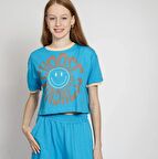 9-15 yaş  choose Güleryüz  desenli uzun pantolonlu  genç tarz takım-mavi