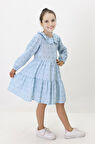 Miniğimin Cicileri Çiçek Baskılı Düğmeli Kız Çocuk Astarlı Elbise - Mavi