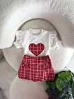 Miniğimin Cicileri Ekose Şort Etekli Kalpli Kız 2 li Takım - Kırmızı