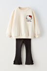 Miniğimin Cicileri Hello Kty Panç İşleme ,Paça fiyonk Detaylı Kız Çocuk Takım - KremSiyah