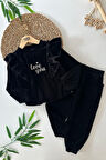 Miniğimin Cicileri Love You Fırfır Detaylı Kız Çocuk Kadife Lastikli Takım - Siyah