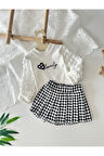 Miniğimin Cicileri Lovely Nakışlı Bluz ve Ekoseli Pileli Etek Kız Çocuk Takımı - Siyah