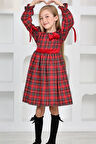 Miniğimin Cicileri Yılbaşı Ekose Fiyonk Kadife Detaylı Kız Çocuk Elbise - Kırmızı