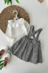 Miniğimin Cicileri Ekose Salopetli Yaka Güpür Detaylı Kız Çocuk 2 li Takım - Beyaz