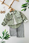 Miniğimin Cicileri Fiyonk Baskılı Kot Ceketli Kız Çocuk 3 lü takım - Yeşil