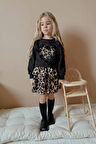 Miniğimin Cicileri Leopar Desenli 3D Çiçekli Sweatshirt ve Kat Kat Etek Kız Çocuk Takımı - Siyah
