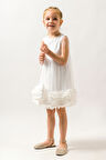 Miniğimin Cicileri Tül Fırfır Detaylı Yaka Büzgülü Çantalı Kız Çocuk Elbise - Beyaz