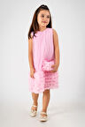 Miniğimin Cicileri Tül Fırfır Detaylı Yaka Büzgülü Çantalı Kız Çocuk Elbise - Pembe