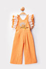 Miniğimin Cicileri Kolları Fırfır Detaylı Çiçek İşleme Kız Çocuk Tulum Salopet - Turuncu